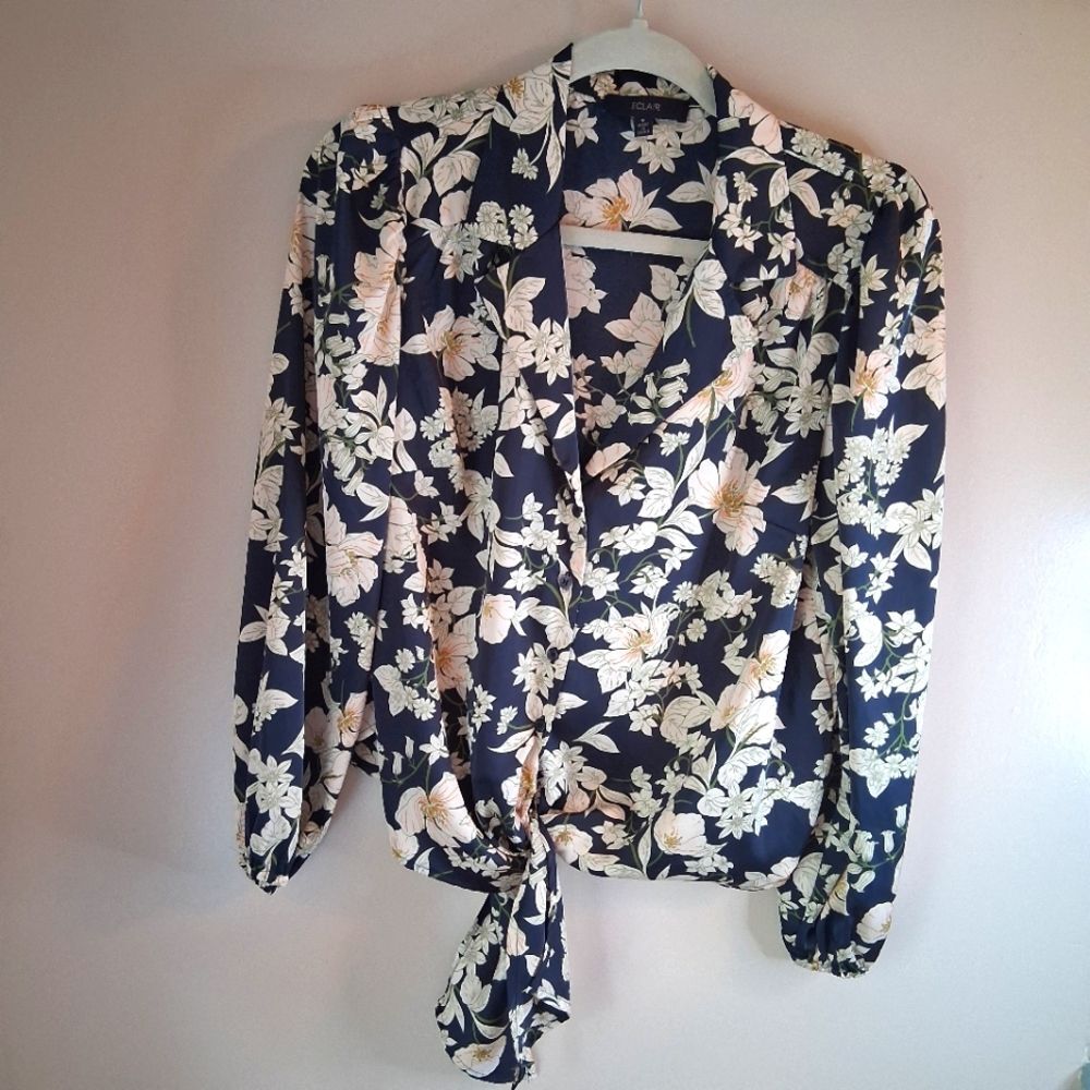 Eclair Navy and White Floral Long Sleeve Tie Front Blouse